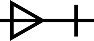 Diode Icon sign, represented with a horizontal line passing through the center of a horizontal triangle in the left side, and though the center of a vertical line in the right side.