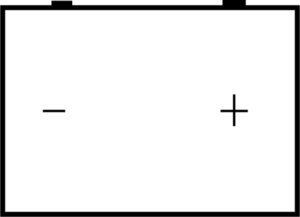 A sign representing low battery. The sign is a rectangle with white background and two small rectangles at the top side of the rectangle. These small rectangles represent the terminals of the battery and for each side, there is a plus and minus sign, representing the polarity of each terminal.