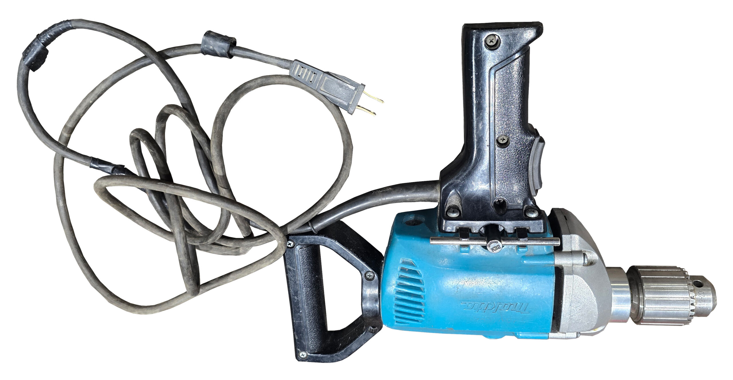 Electric drill with a winding power cord and plug attached.